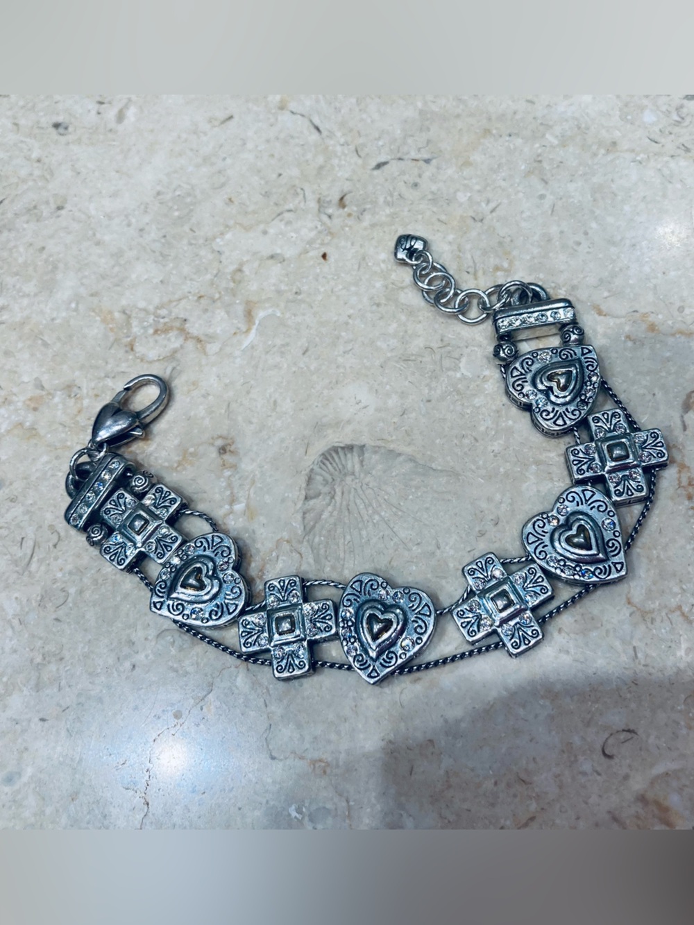 Vintage Brighton Hearts Heart Cross Crossing Two Tone Crystal Bracelet